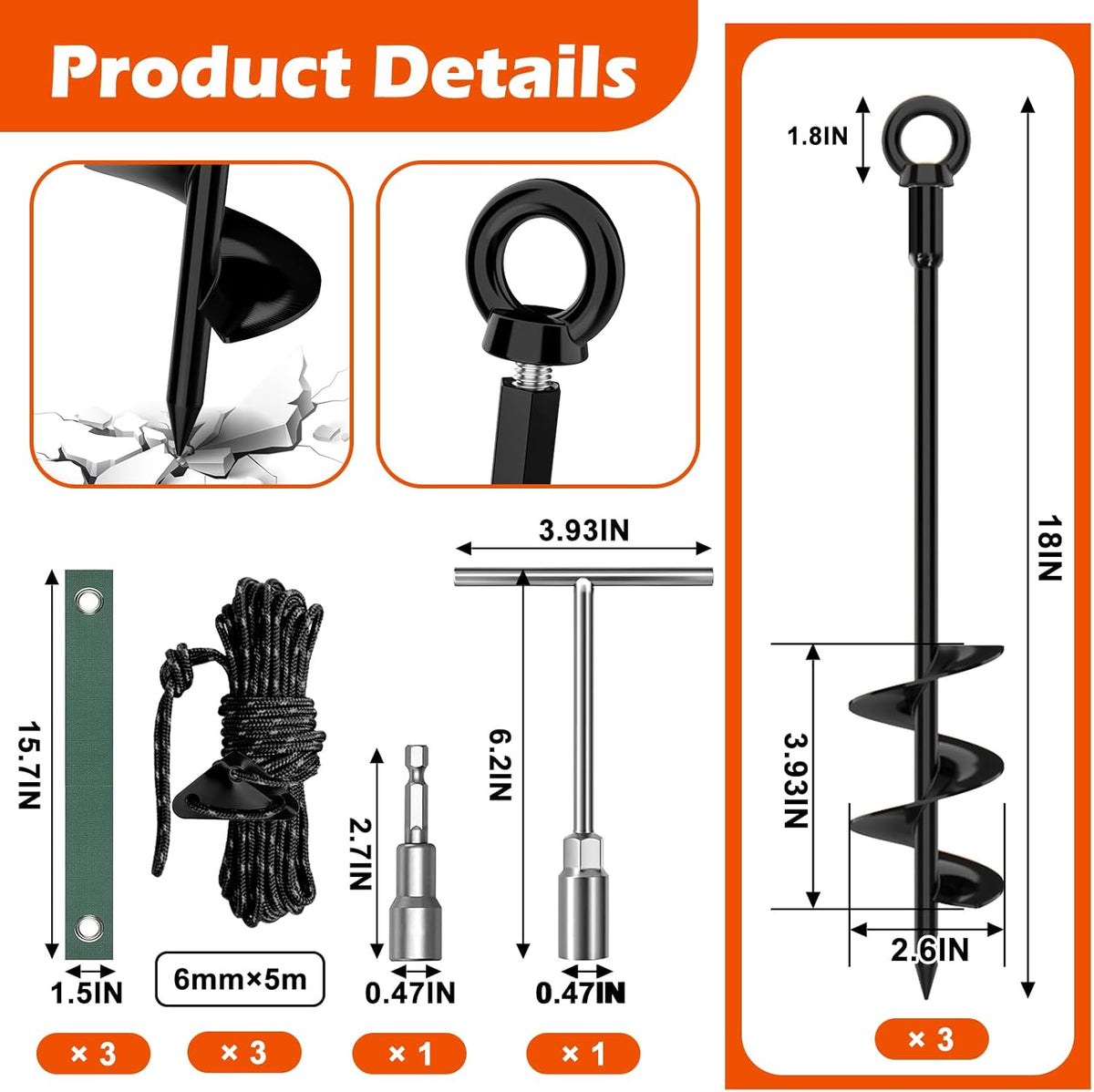 3 Pack 18" Tree Stake Kit, Heavy Duty Spiral Stakes and Supports for Leaning and Young Trees