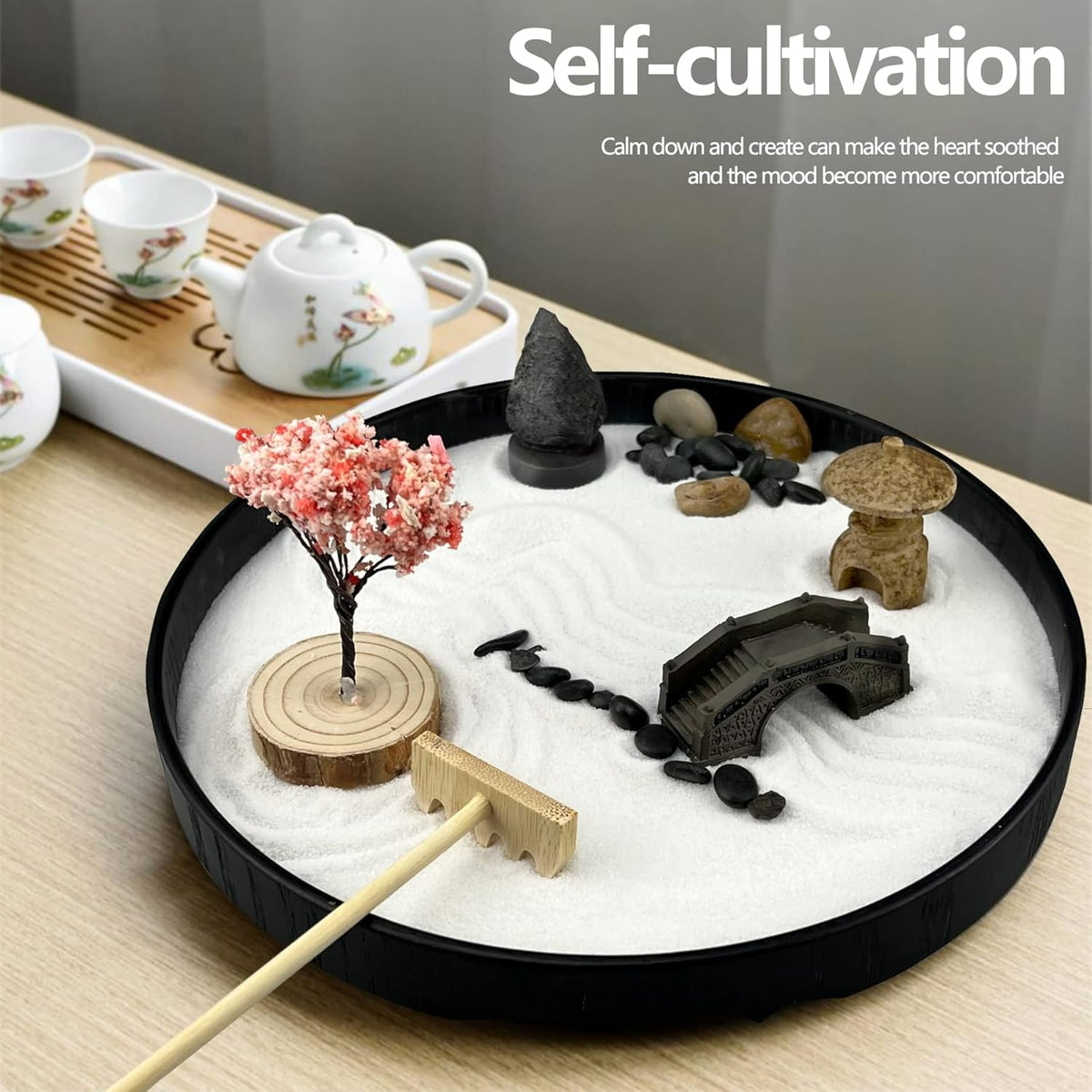 Zen Garden for Desk Japanese Zen Garden Kit 8 Inch Large Round with 6 Sand Rake and Accessories