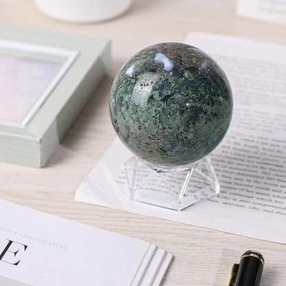 Natural Moss Agate Crystal Ball with Acrylic Display Base, 61-70mm Polished Stone Feng Shui Crystal