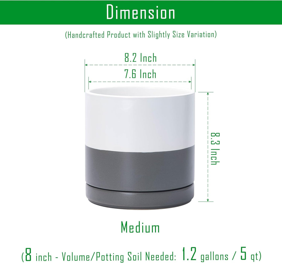D'vine Dev 8.2 Inch Ceramic Planter Pot with Drainage Hole and Saucer, Indoor Cylinder Round