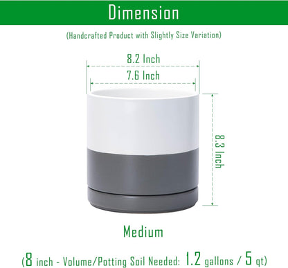 D'vine Dev 8.2 Inch Ceramic Planter Pot with Drainage Hole and Saucer, Indoor Cylinder Round