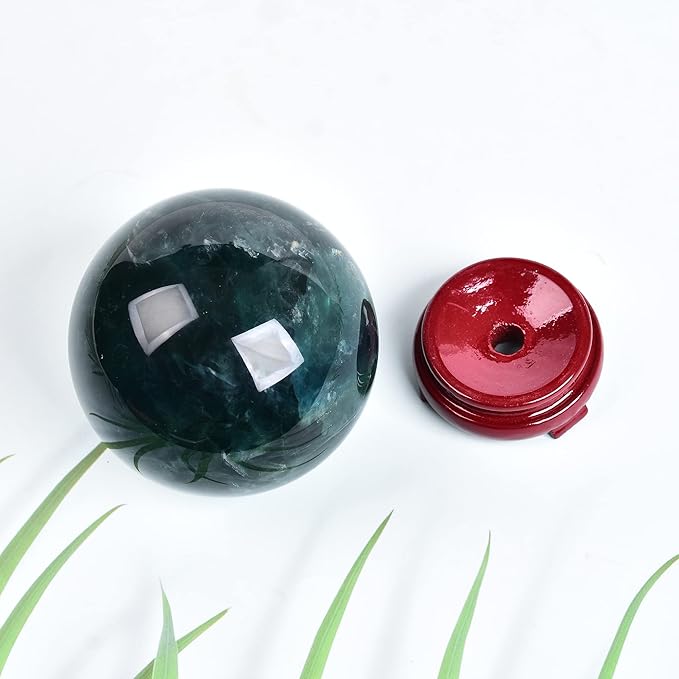 JIC Gem Big Green Quartz Crystal Ball Green Fluorite Healing Gemstone Sphere with Decorative Wooden