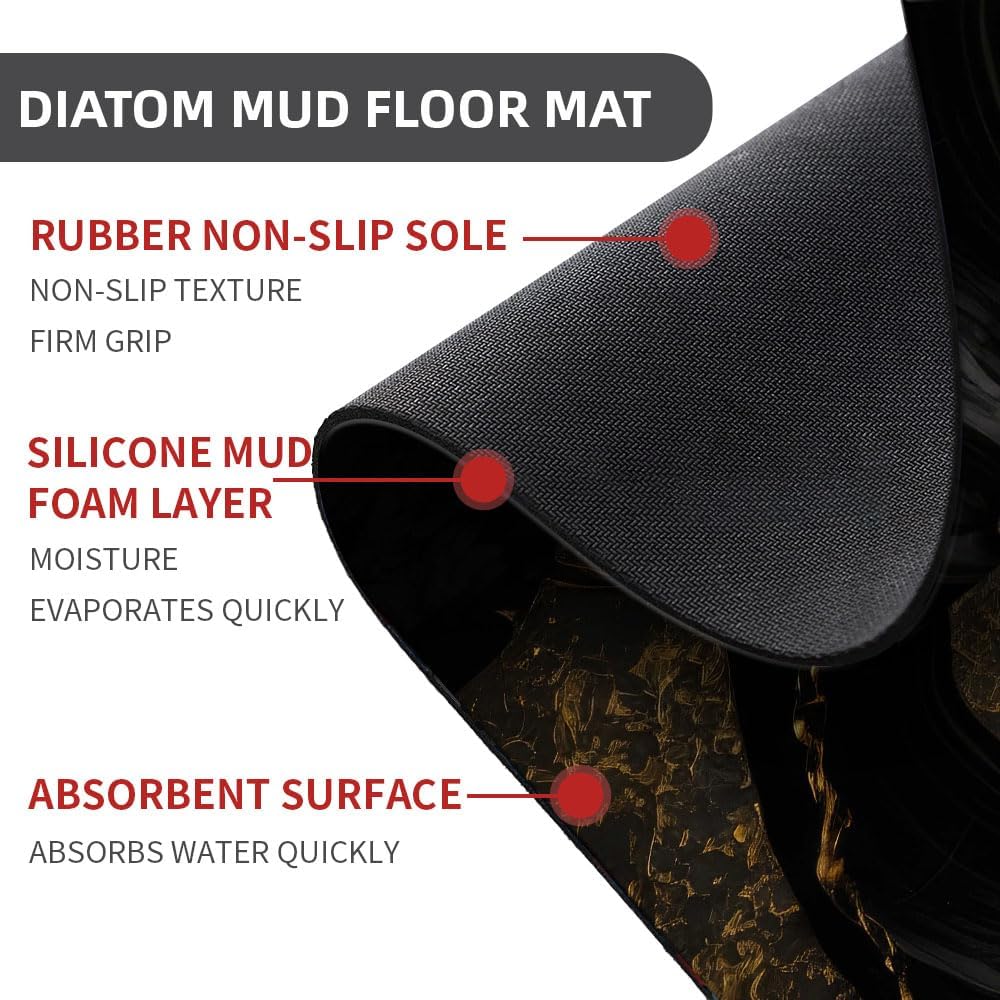 Bath Mat-Bathroom Rug，Black and Metallic Gold Marble-Absorbent Non Slip Quick Dry Stain Resistant