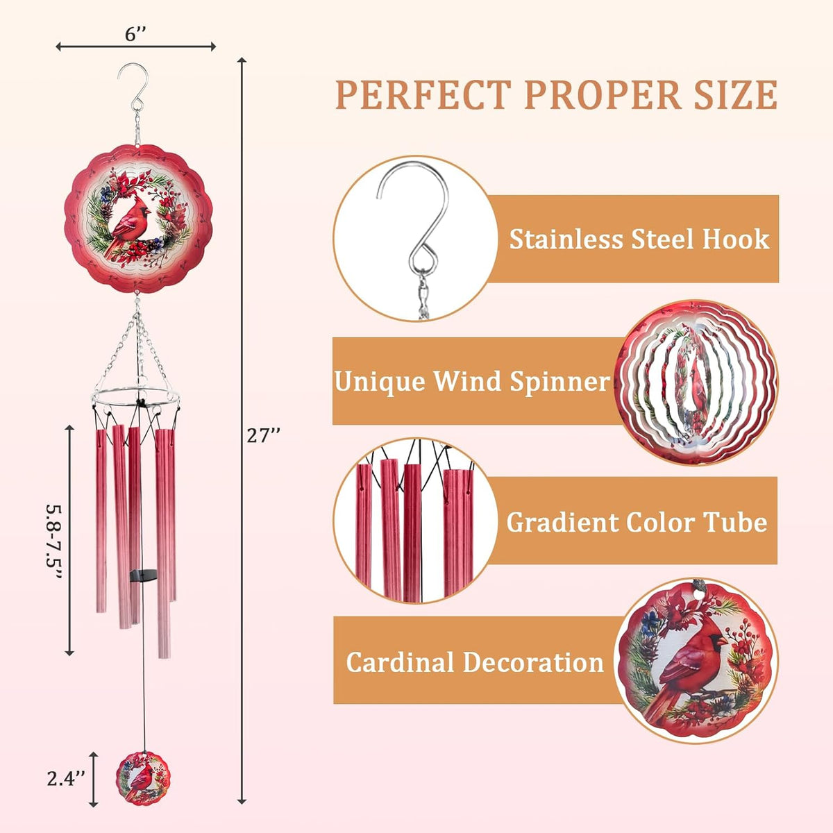 Wind Chimes for Outside with Cardinal Wind Spinner, Unique Gifts for Mom Grandma Women Birthday