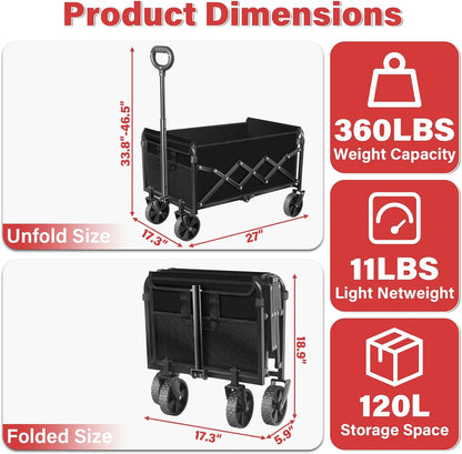 Collapsible Folding Utility Wagon Cart with Wheels, 360 Lbs Heavy Duty Outdoor Foldable Wagon with