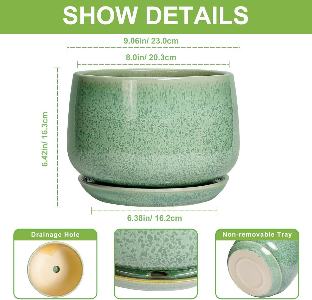 G EPGardening Ceramic Planter - 9 Inch Plant Pot with Drainage Hole and Saucer, Modern Round