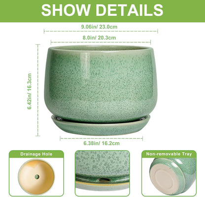 G EPGardening Ceramic Planter - 9 Inch Plant Pot with Drainage Hole and Saucer, Modern Round