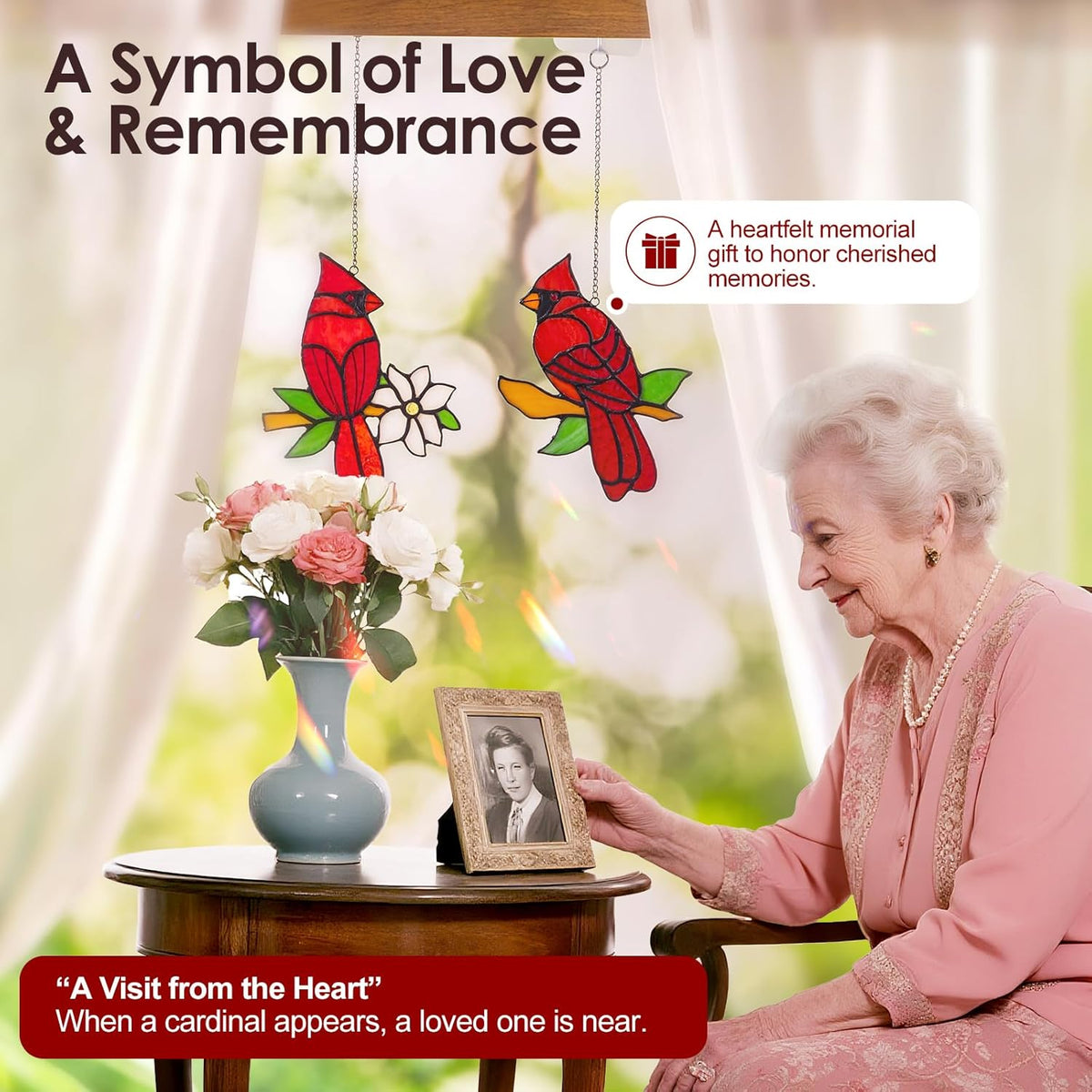 2-Pack Handmade Cardinal Stained Glass Window Hanging Suncatchers – Memorial Gifts for Women, Bird