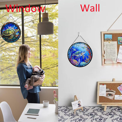 Hanging Stained Glass for Windows,20cm/7.87 inch Turtle Hand-Painted Glass Panel Window Hanging