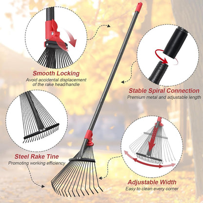 Garden Rake for Leaves: 55 Inch Adjustable Long Handle 18 Metal Tines with 8-17" Expandable Head