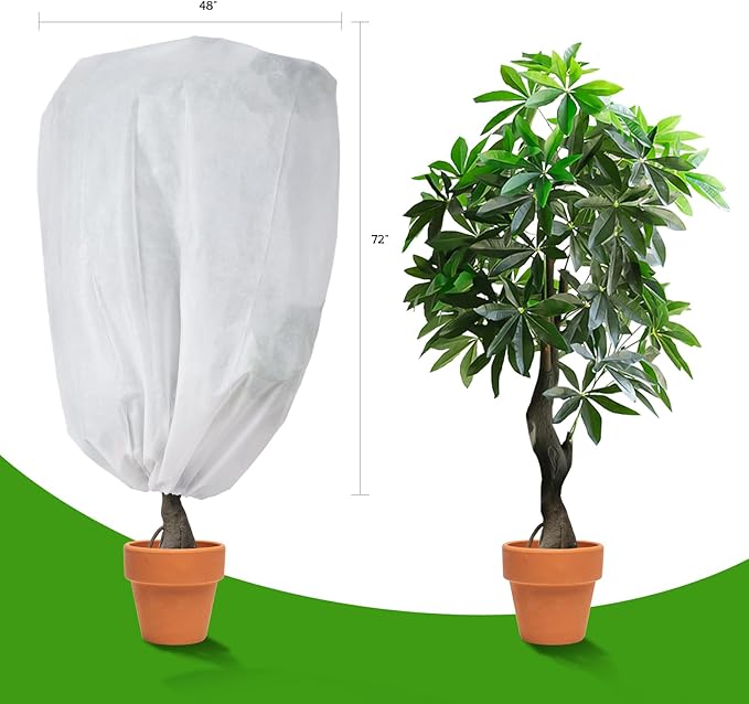 2-Pack Plant Covers Freeze Protection 48" x 72" 2.2 oz, Frost Cloth Plants Jacket Drawstring Tree