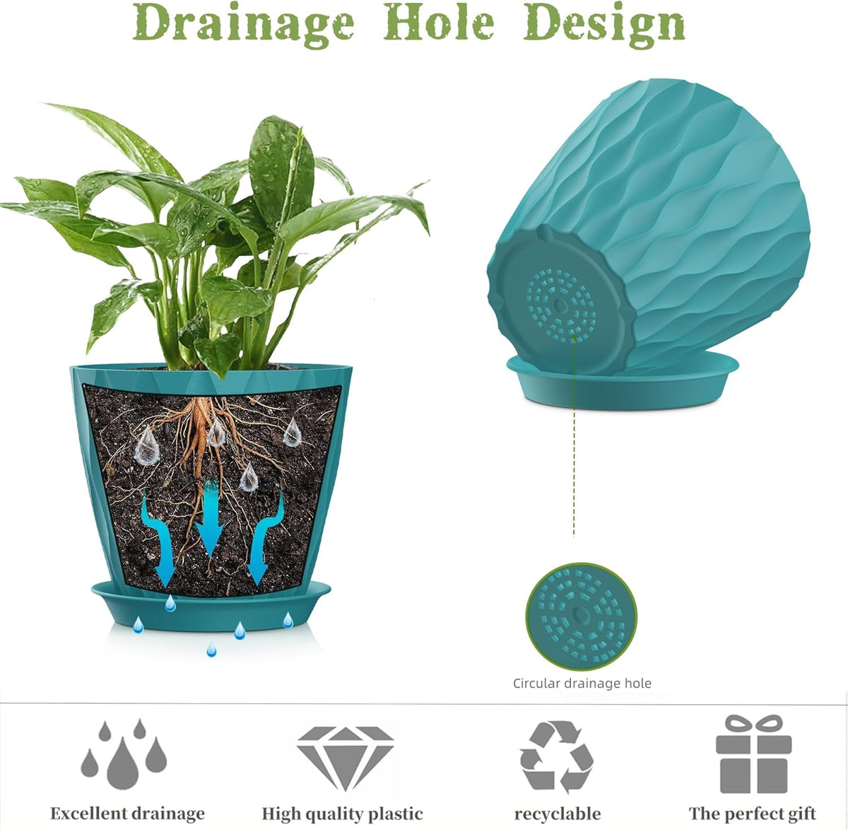 5 Inch Planter Pots, 6 Pack Indoor Planters, Small Flower Pots with Drainage Holes and Tray for