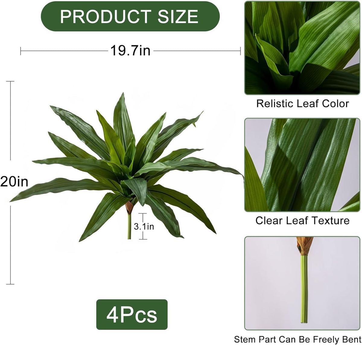 4 Pcs Artificial Greenery Stems Dracaena Faux Branches Artificial Plants Realistic Fake Dracaena