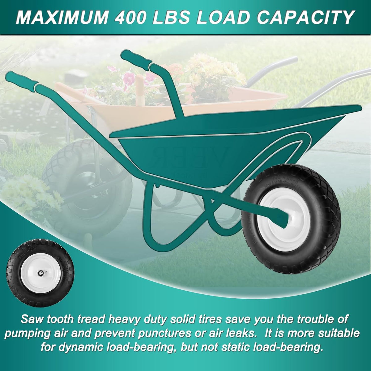4.80/4.00-8 Flat Free Tire and Wheel- 16" Flat-Free Solid Wheelbarrow Tires with 5/8" & 3/4"