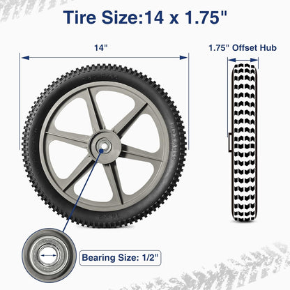 MaxAuto 14 x 1.75" Spoked Plastic Wheel with Tire Replacement for Craftsman Mower, Wheelbarrow