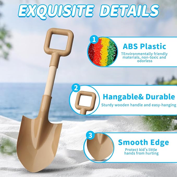 16" Wood Beach Sand Shovel Toys for Kids Adults, Heavy Duty Beach Toys Shovels for Sandbox Table