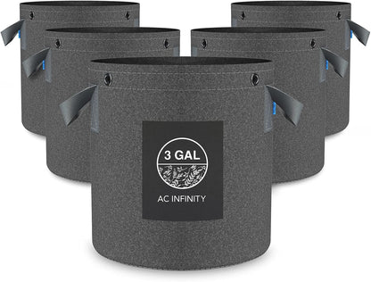 AC Infinity Heavy Duty Fabric Pots, 3 Gallon Aeration Reusable Grow Bags 5-Pack with 500G Thick