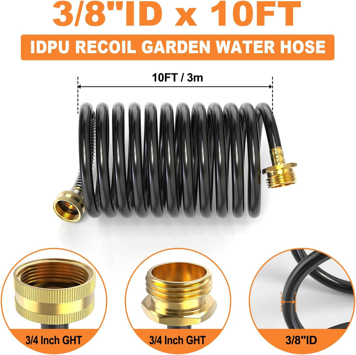 GASHER 10FT PU Recoil Garden Water Hose With 3/4" GHT Brass Fittings Retractable, Swivel Female For