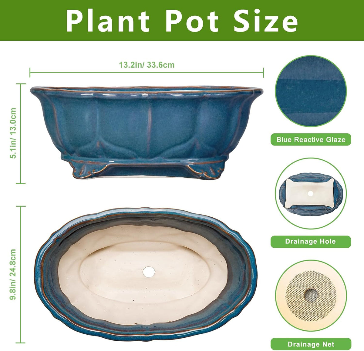 Bonsai Pots - 13.2 Inch Oval Ceramic Pots for Plants, Large Succulent Planter with Drainage Hole