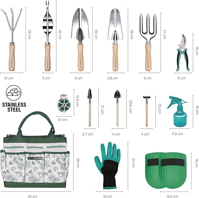 Bluemars Gardening Hand Tool Kit 14PCS Heavy Duty Stainless Steel Garden Tool Set with Floral