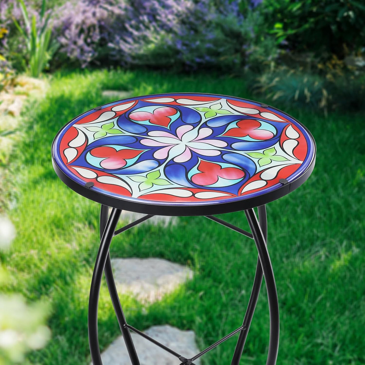 MUMTOP Side Patio Tables-Mosaic Outdoor Side Table - 14’’ Symmetrical Pattern Glass Accent Round