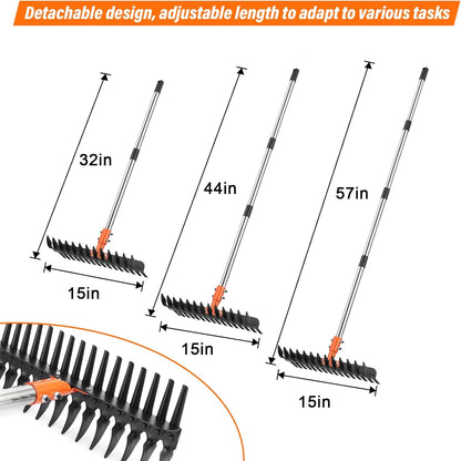 Garden Thatch Rake for Lawn, Heavy Duty Metal Thatching rake with Strong Handle, Wide 15inch Iron