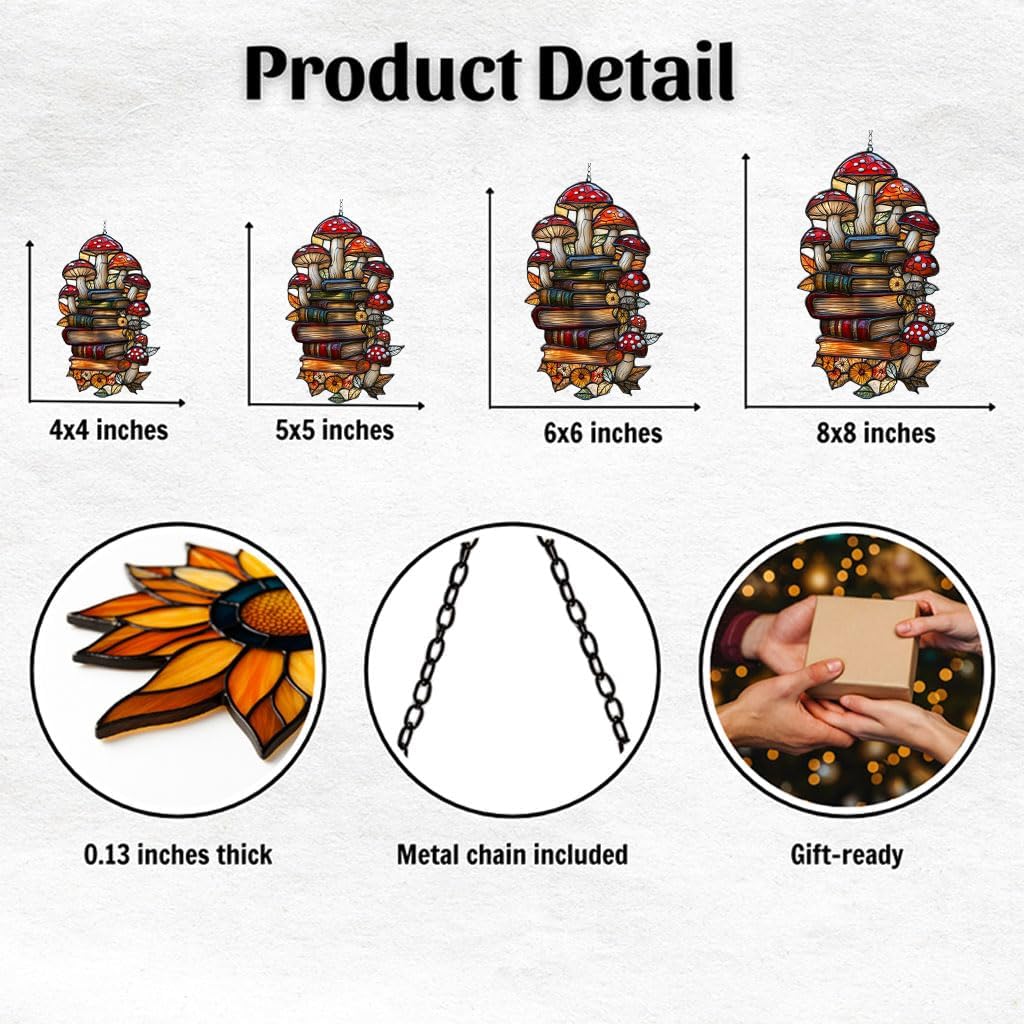 Forest Mushroom Books Acrylic Suncatcher Stained Glass Effect Window Car Hanging Christmas Ornament