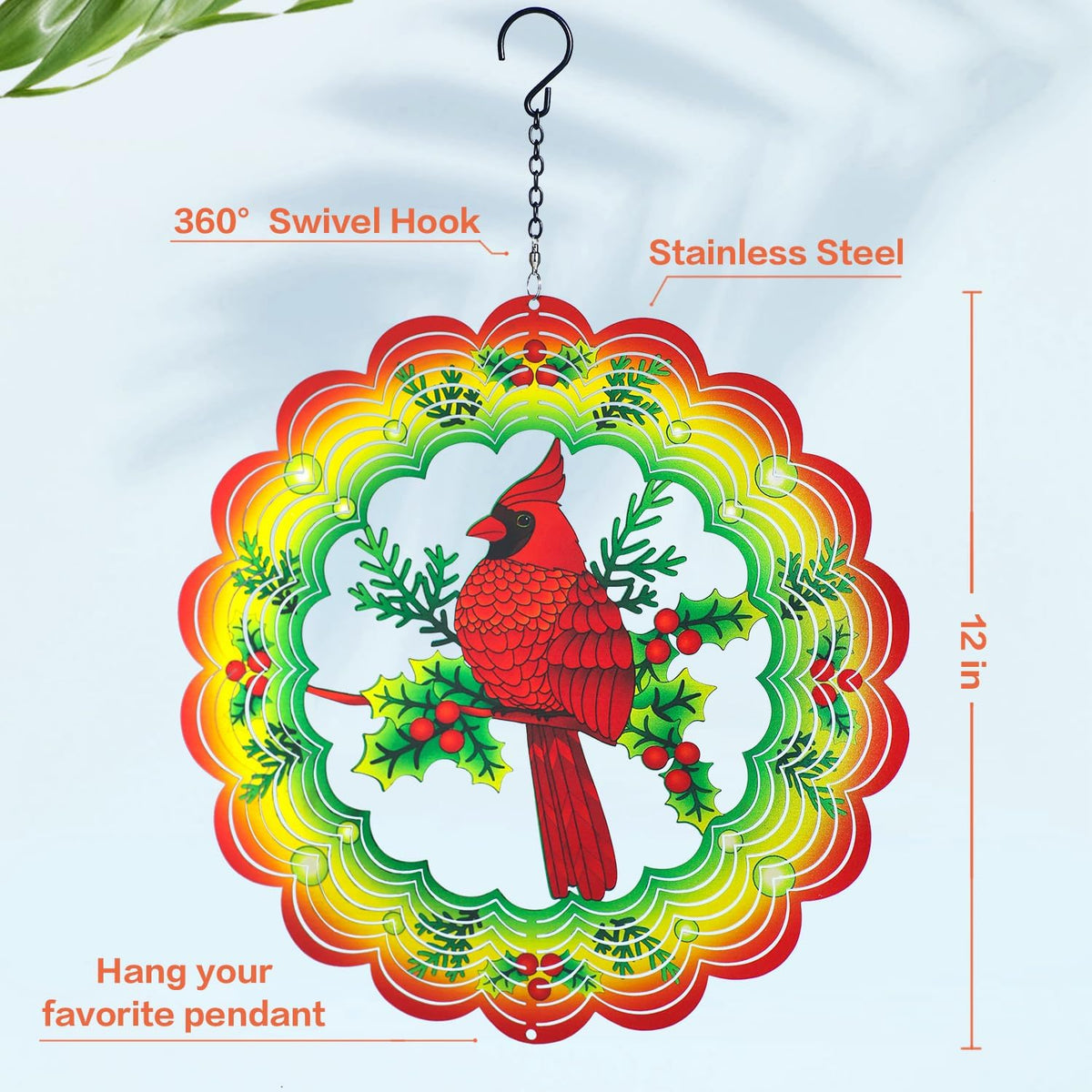 Cardinal Wind Spinners Cardinal Gifts for Women/Men 12 inch 3D Stainless Steel Hanging Wind Spinner