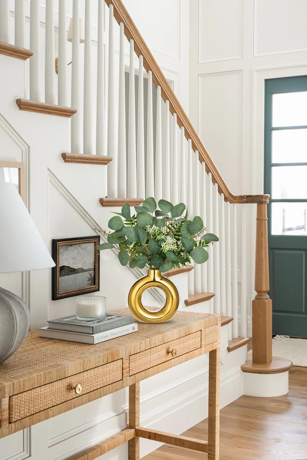 Artificial Eucalyptus Stems in Ceramic Vase 14.23" Fake Eucalyptus Plant Decor Gold Donut Vase with