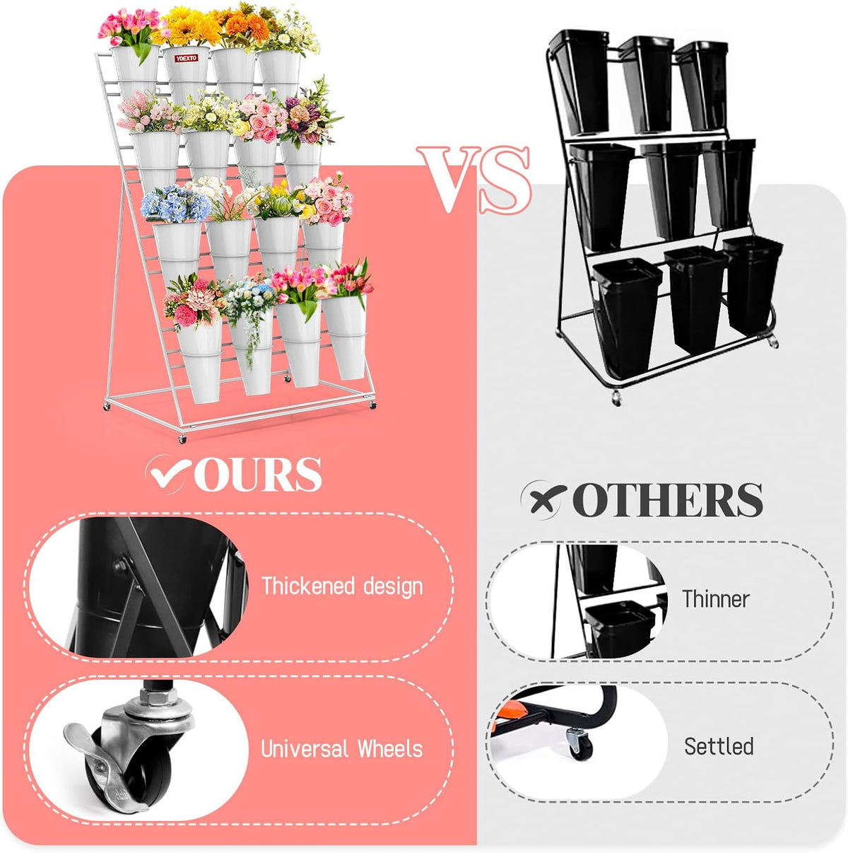 Flower Display Stand with Buckets, 4 Layers 16 PCS Buckets Plant Stand with Wheels, Movable Metal