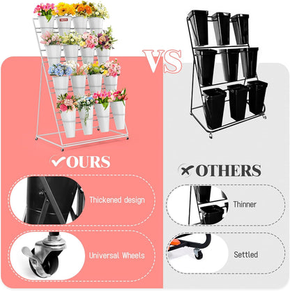 Flower Display Stand with Buckets, 4 Layers 16 PCS Buckets Plant Stand with Wheels, Movable Metal