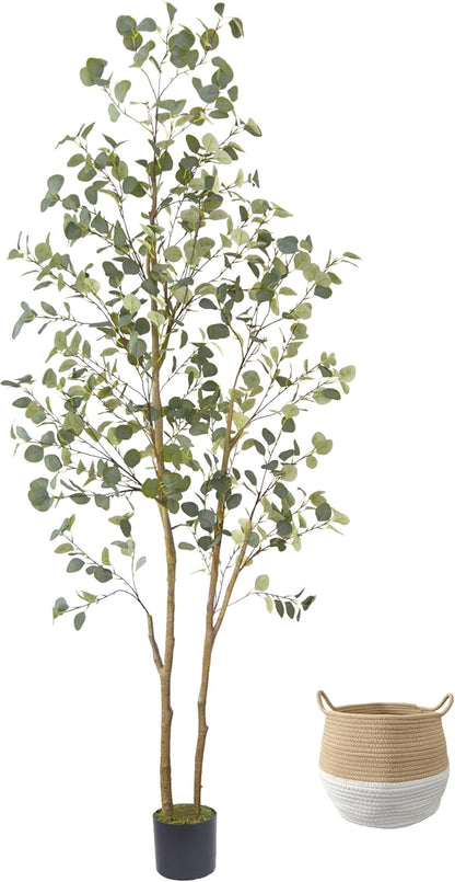 Artificial Eucalyptus Tree, 8ft Large Fake Silk Leaves Eucalyptus Plant with Basket, 96” Faux Tree