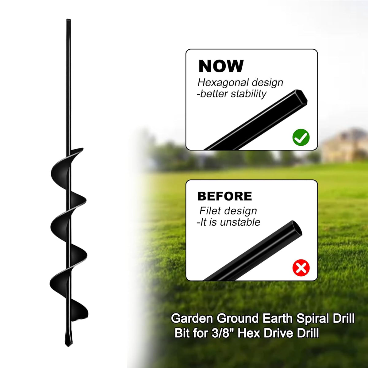 Auger Drill Bit for Planting 2.4"(D) x22.84(L), Garden Ground Earth Spiral Drill Bit for 3/8" Hex