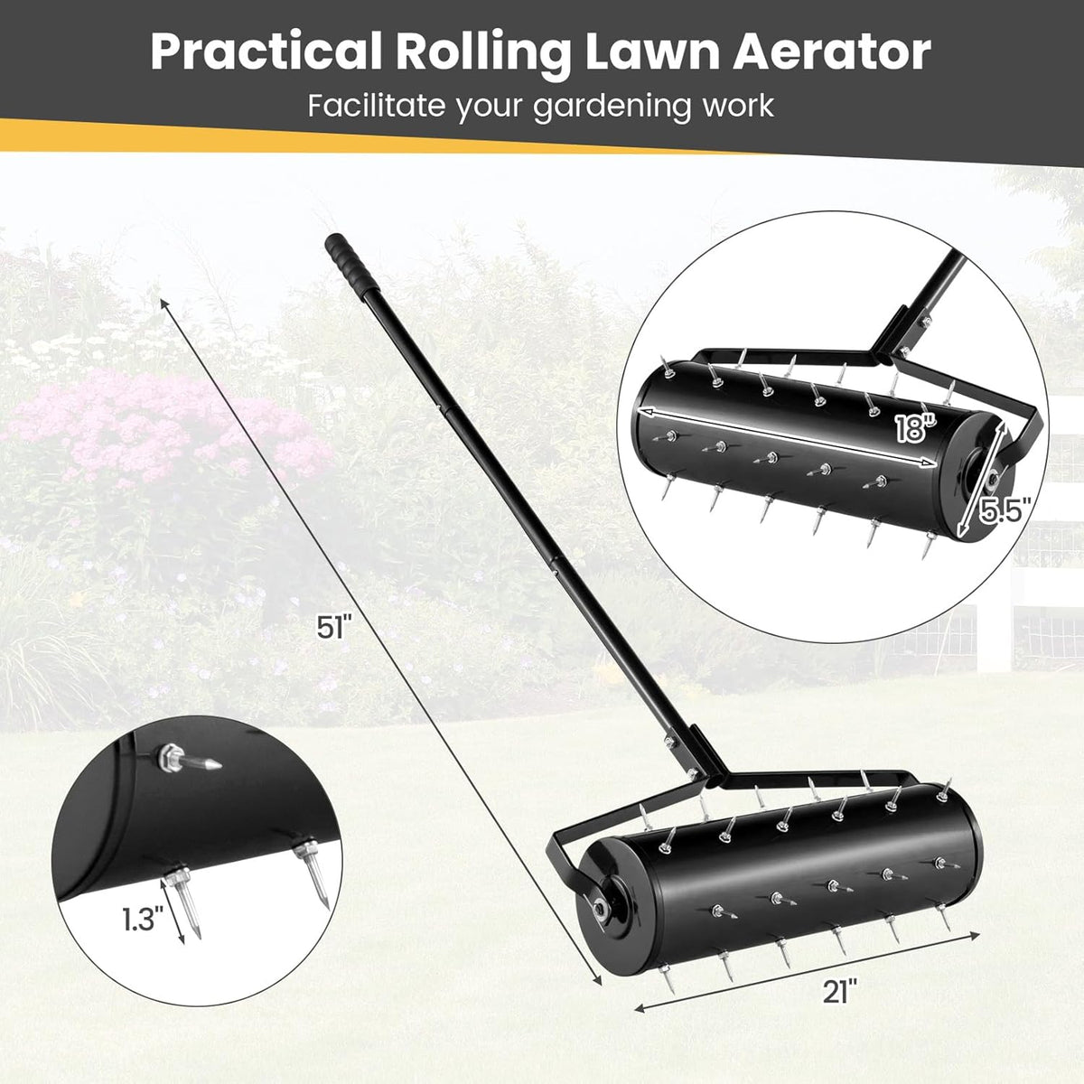 Goplus Rolling Lawn Aerator, 21-Inch Garden Yard Rotary Push Tine Filled Sand Stone, Heavy Duty