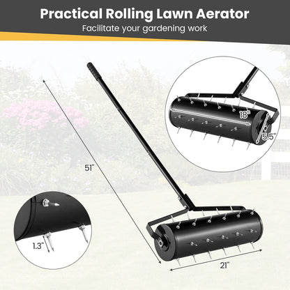 Goplus Rolling Lawn Aerator, 21-Inch Garden Yard Rotary Push Tine Filled Sand Stone, Heavy Duty
