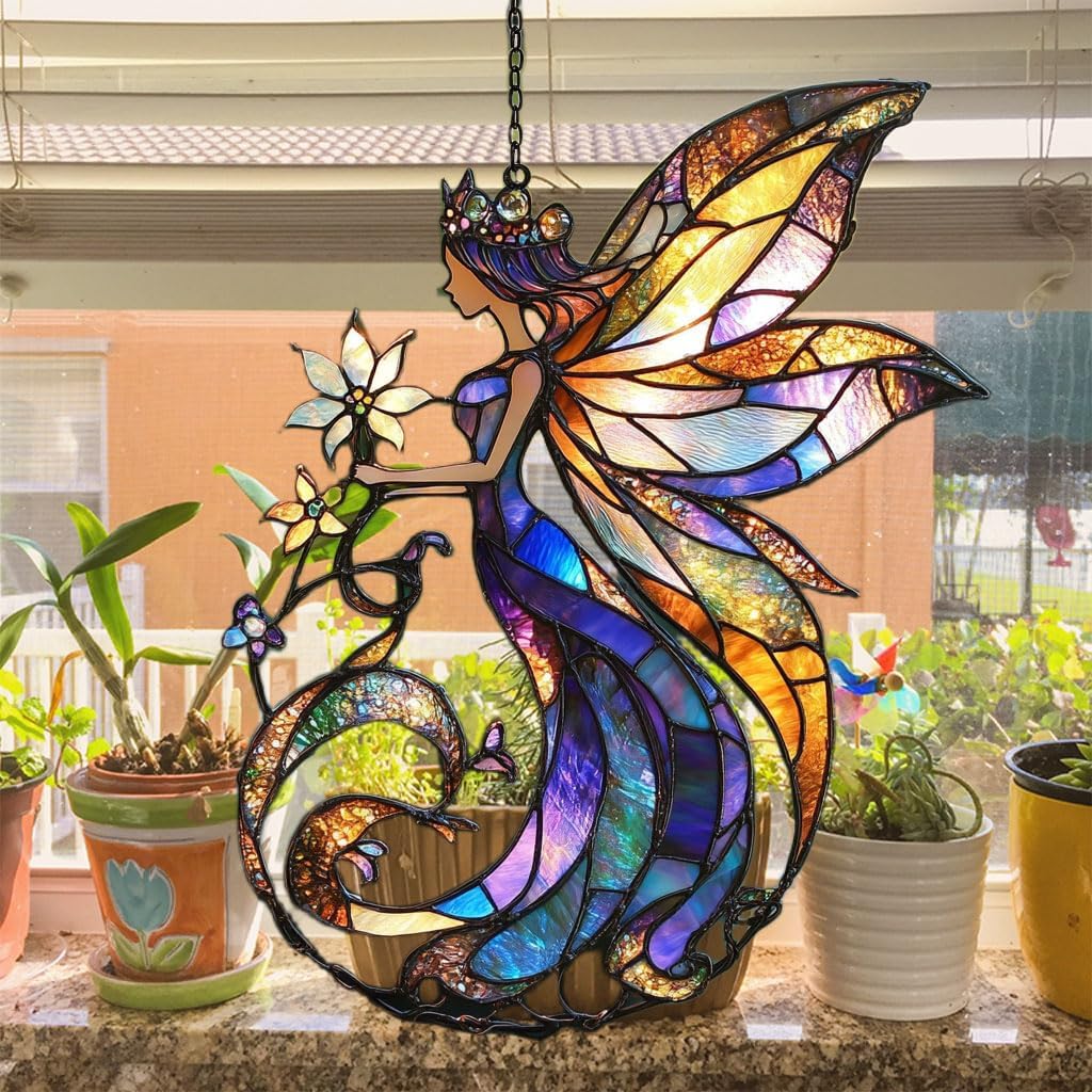 Flowers Fairy Acrylic Suncatcher Stained Glass Effect Window Car Hanging Christmas Ornament Indoor
