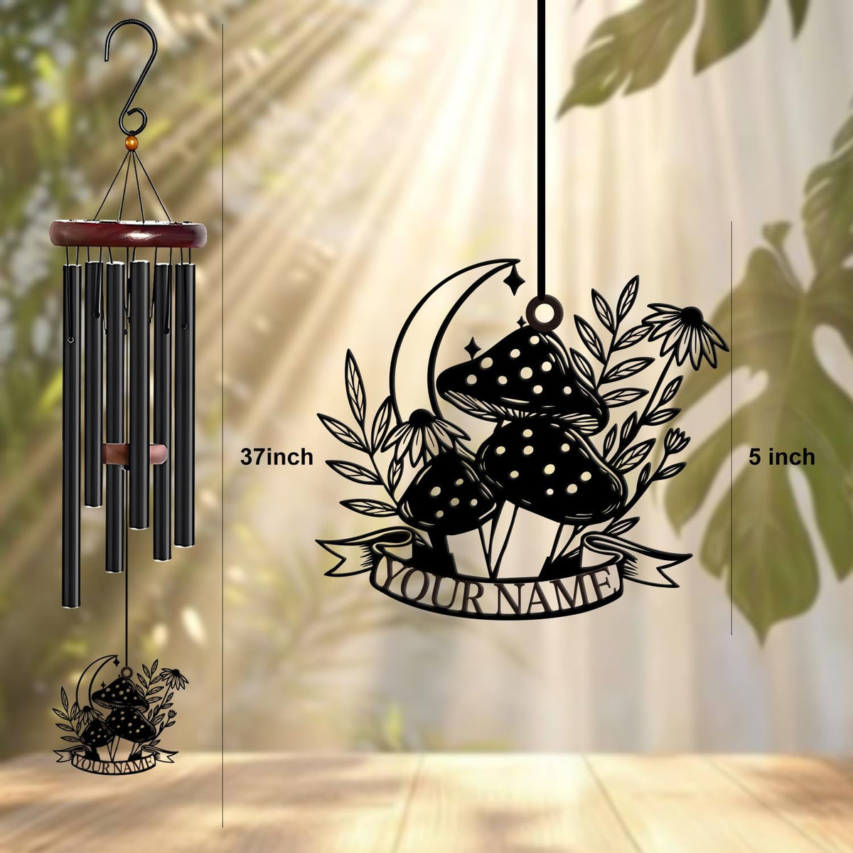 Personalized Customize Name Fantasy Mushroom Wonderland Wind Chime, Metal Iron 37 Inch Outdoor