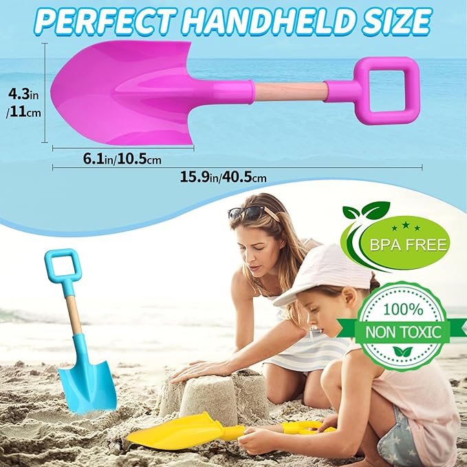 16" Jumbo Beach Sand Shovels Toys for Kids, Pink Gardening Tool Kits, Sturdy Long Wooden Spade for