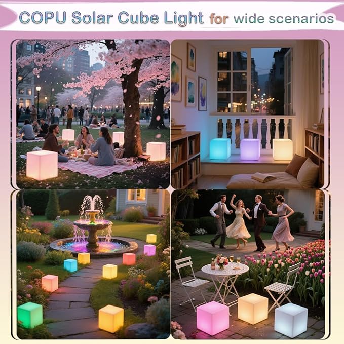 8-in Solar Cube Light Outdoor Waterproof, 16 Colors Illuminate Cube Floor Lamp, Dimmable Glowing