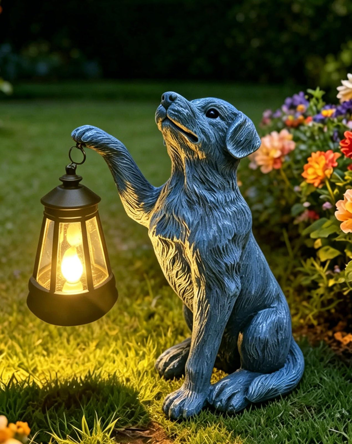 YODY Garden Statues Outdoor Garden Decor: Dog Statue with Solar Lantern for Yard Art Lawn Ornaments