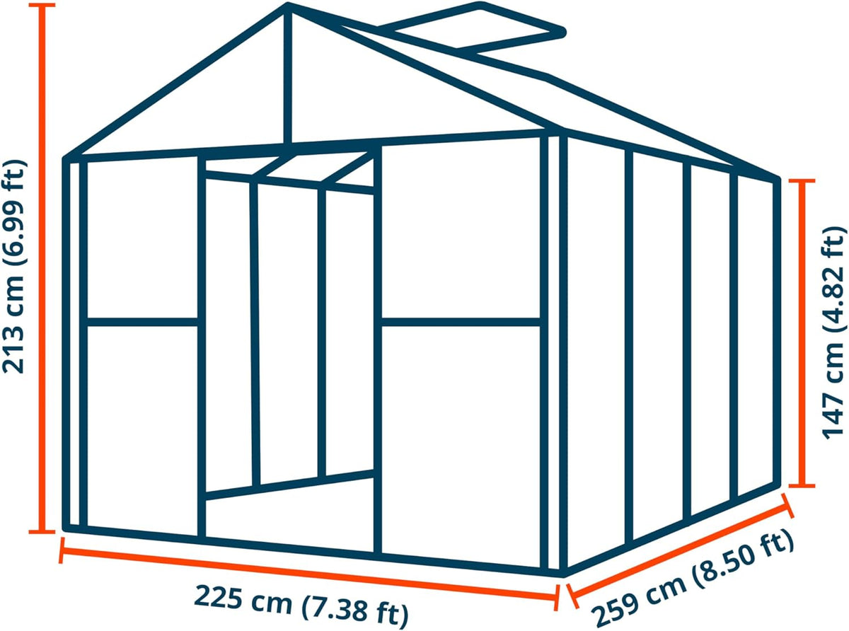 Greenhouse Topas 4 Aluminum Frame 7.4 x 8.5 ft Approx. 6 mm Polycarbonate Panels - with Bonus Base