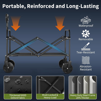 Collapsible Wagon Cart 380Lbs Capacity, Foldable Utility Portable Beach Wagon with All-Terrain