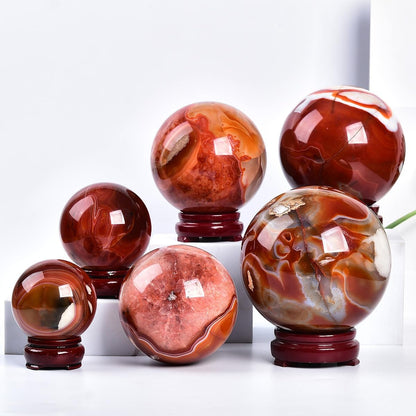JIC Gem Natural Red Agate Crystal Ball Round Healing Crystals Decorative Sphere with Wooden Stand