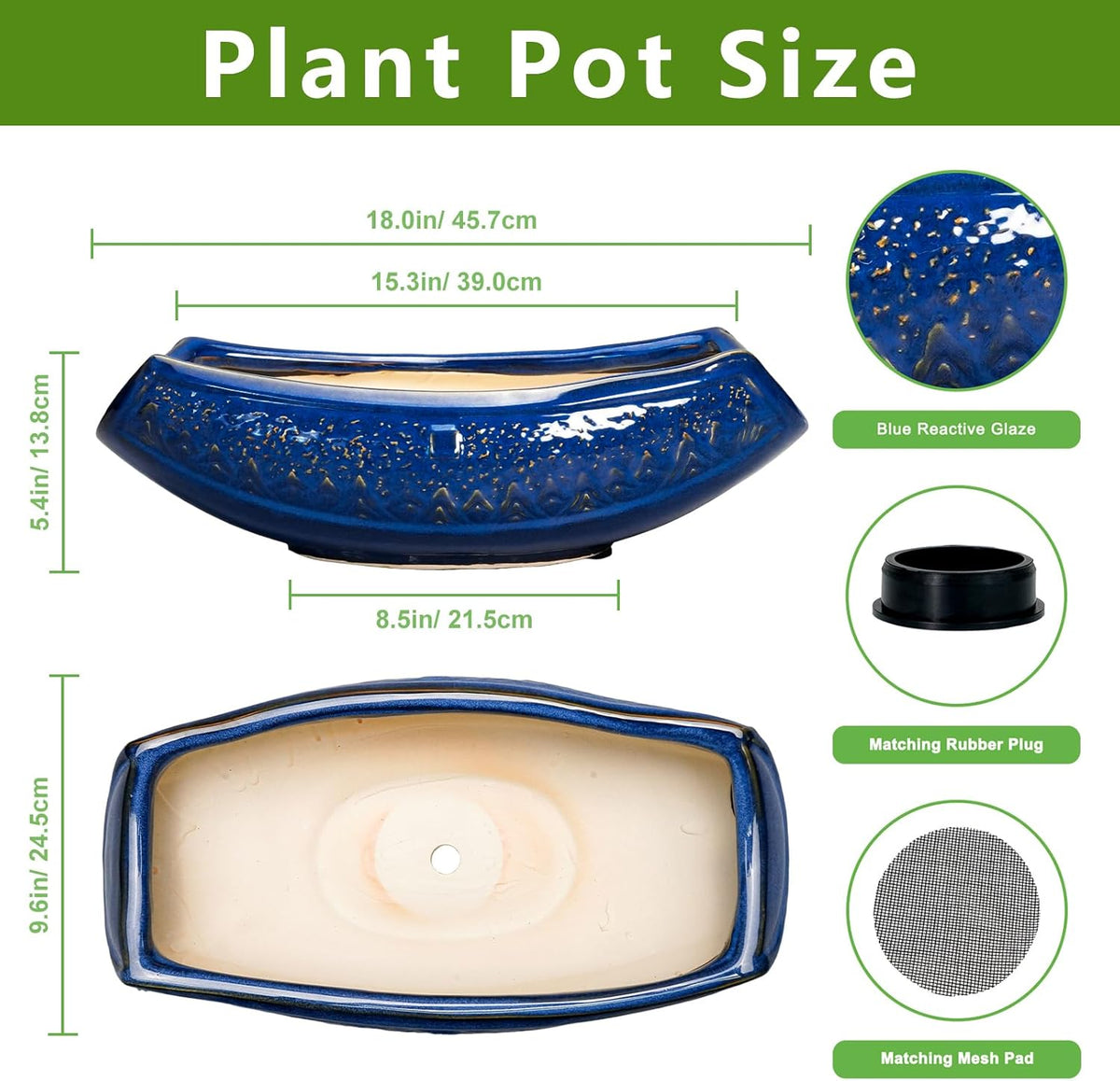 Bonsai Pots - 18 Inch Large Ceramic Succulent Pots for Indoor Outdoor, Bonsai Planter with Drainage