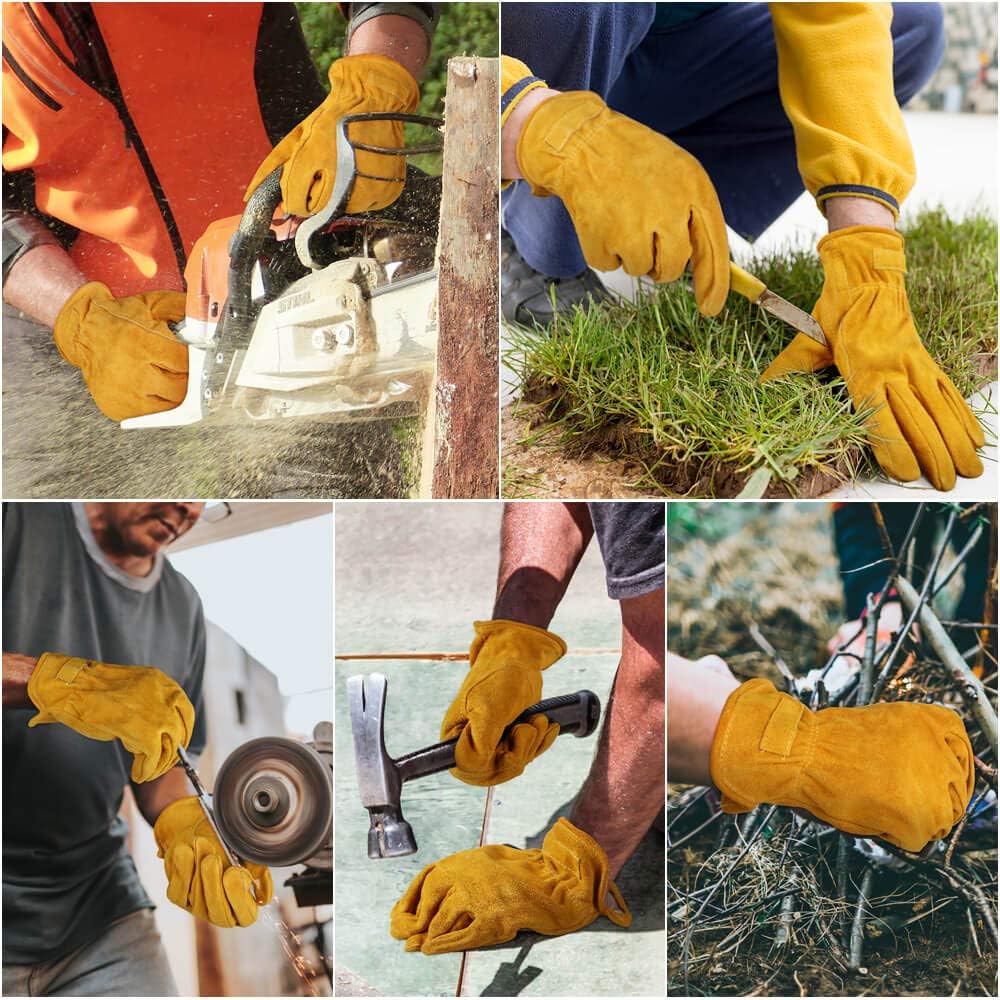 OZERO Leather Work Gloves Flex Grip Tough Cowhide Gardening Glove for Men and Women (Gold With Mesh