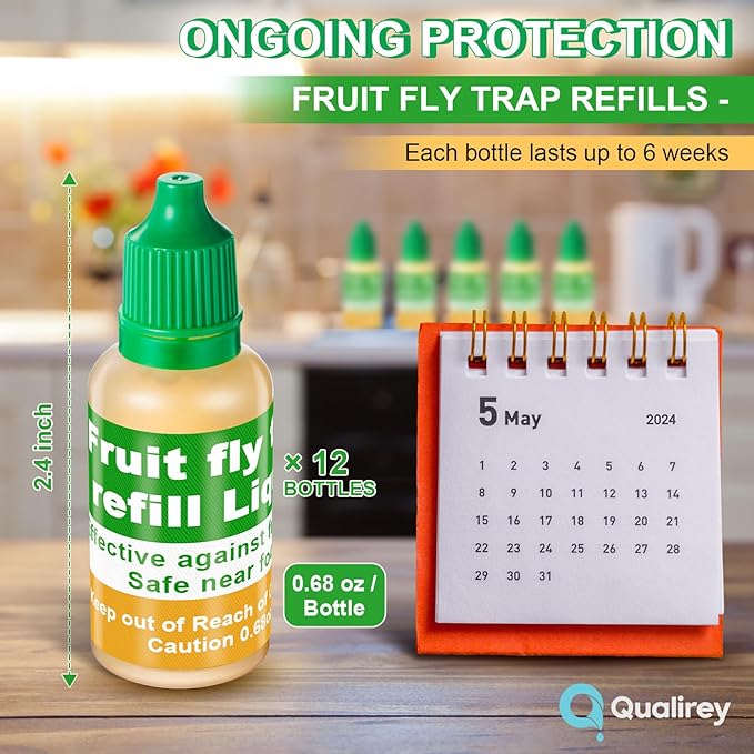 Qualirey 12 Pack Fruit Fly Trap Refill Liquid, 0.68oz Per Bottle Liquid Fruit Fly Traps for
