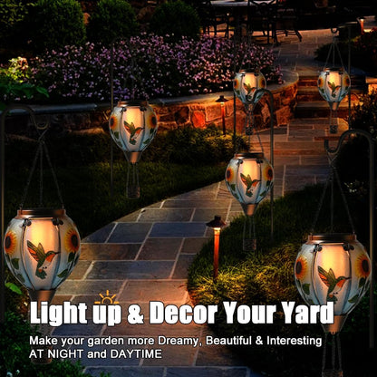 Hot Air Balloon Solar Lantern - Large Hummingbird Glass Lantern, Simulated Flickering & Dancing