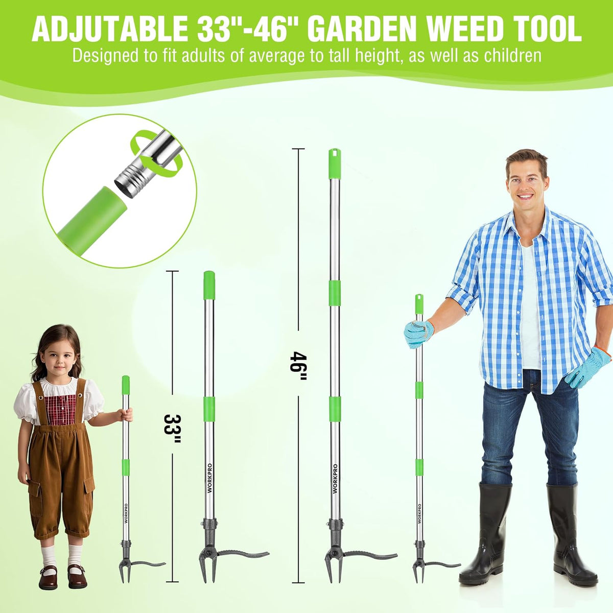 WORKPRO Weed Puller Tool with Long Adjustable Handle (33", 46"), Stand Up Heavy Duty Weed Remover