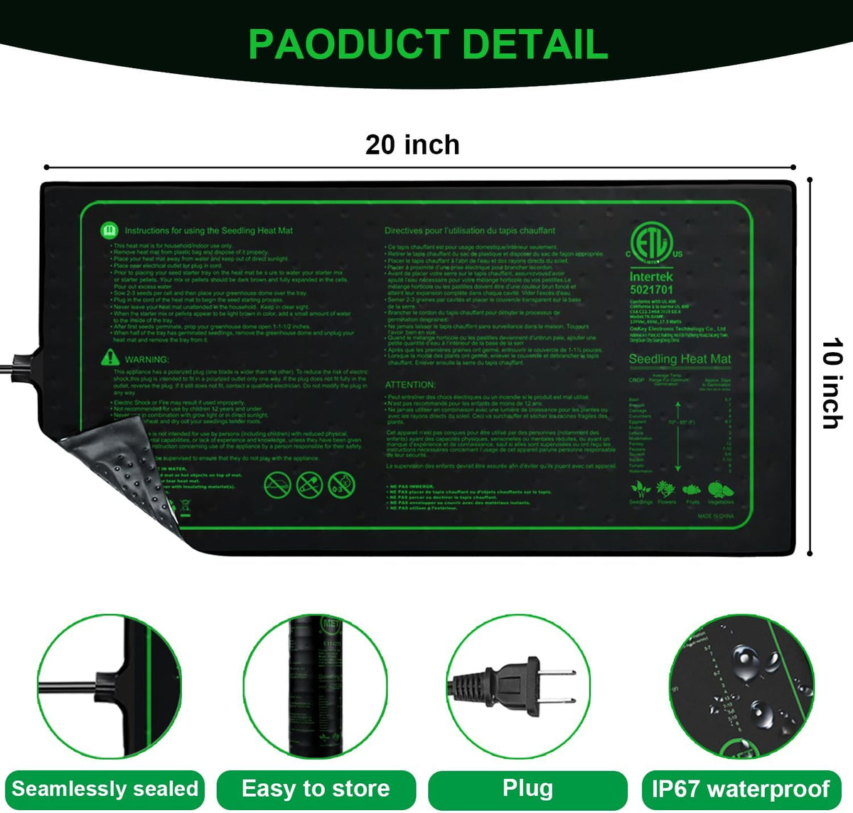 Upgrade Version 4PK Seedling Heat Mat with ETL Listed,Warm Hydroponic Heating Pad for Seed