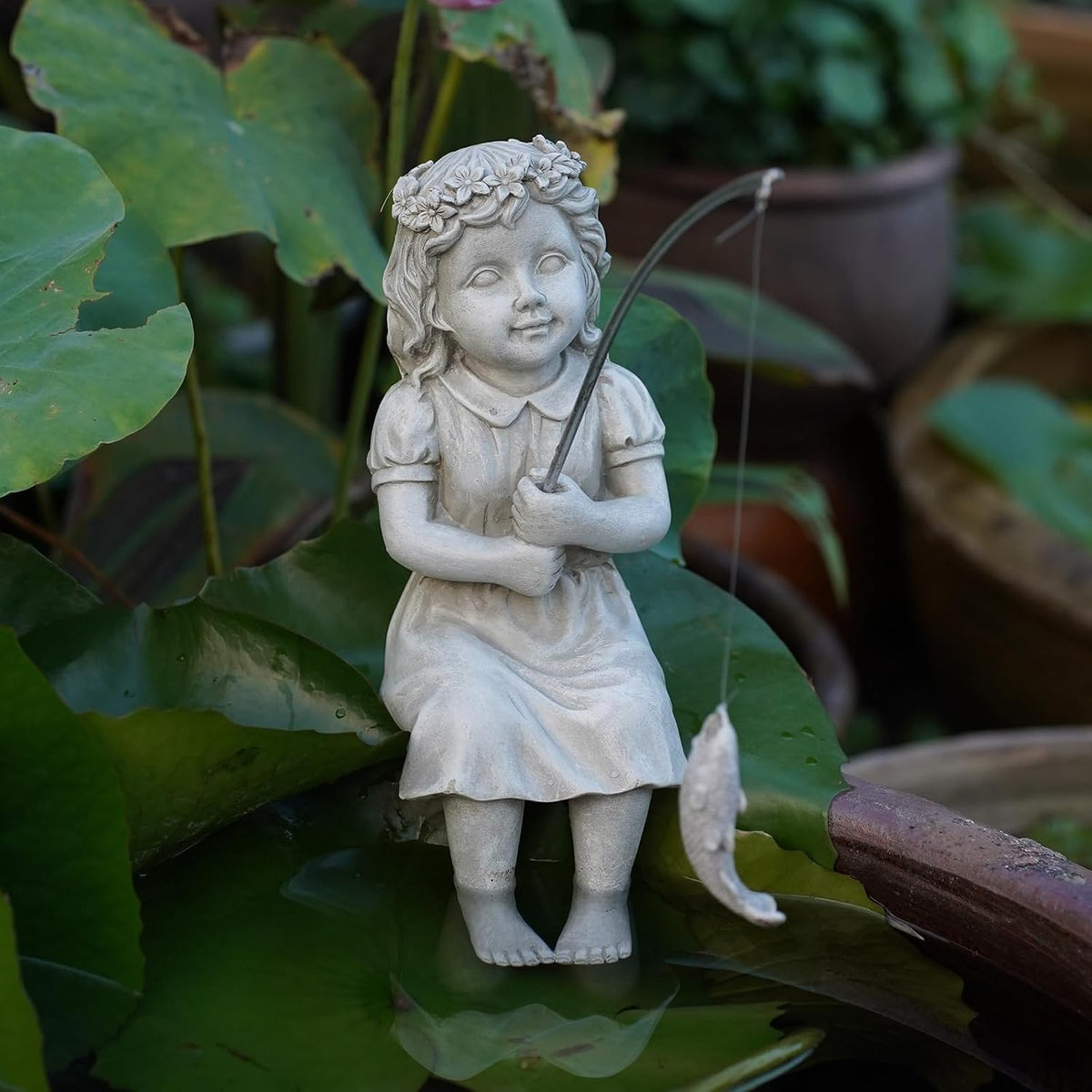 Goodeco Fishergirl Statue Garden Decor - 11" Little Fishing Guy for Koi Pond or Waterfalls